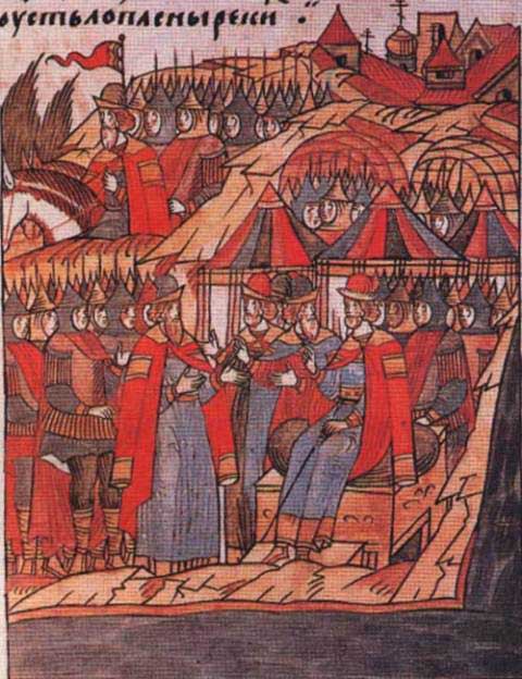 Chronicle depiction of the gathering of troops in Kolomna before the Battle of Kulikovo Field
