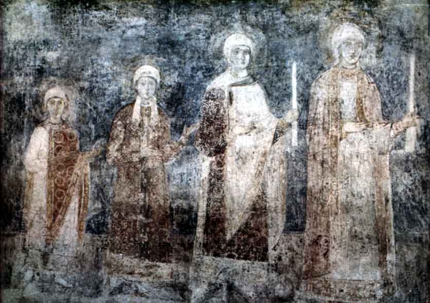 The daughters of Yaroslavl the Wise as depicted in 11th-century frescos in St Sophia's Cathedral in Kiev
