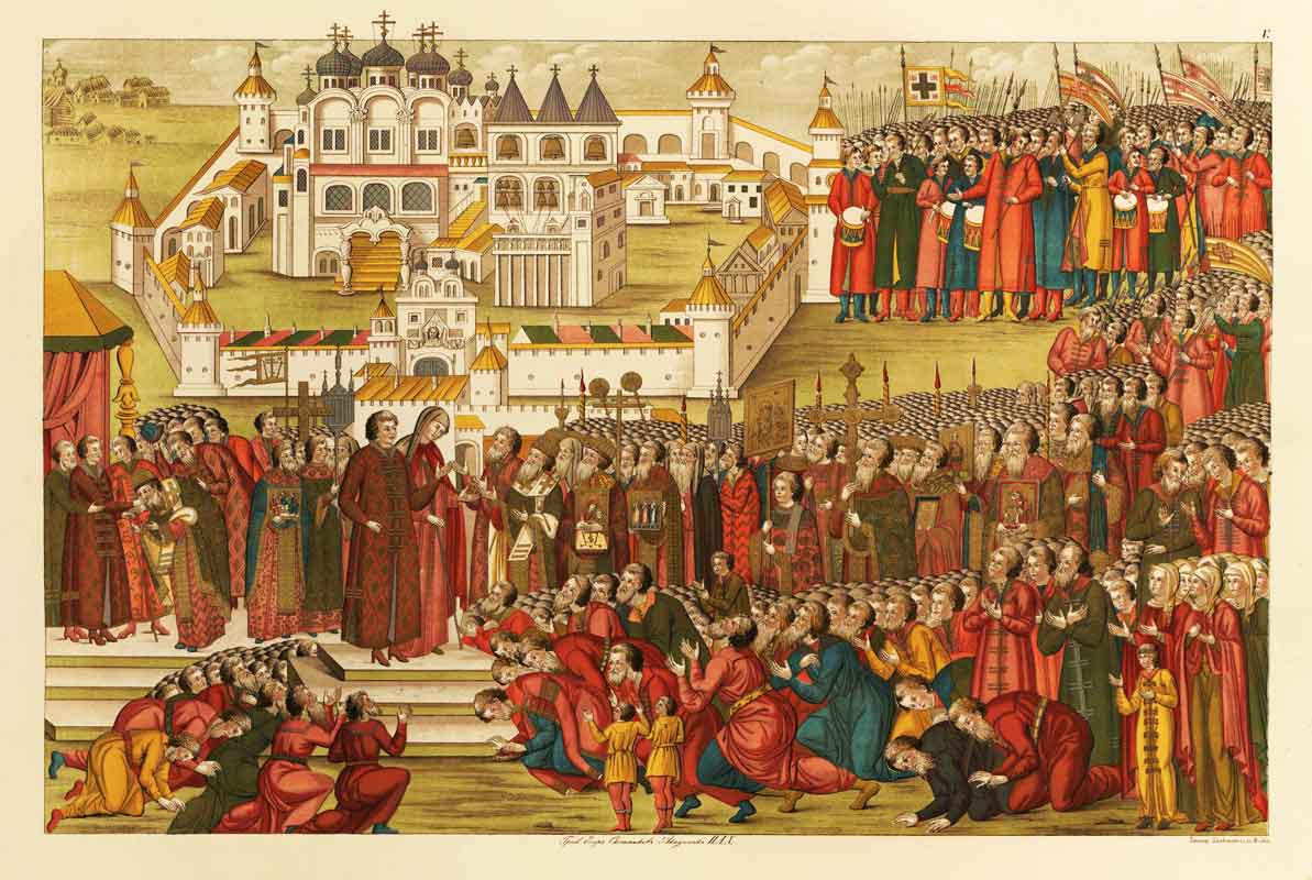Depiction of Mikhail Romanov being offered the throne outside the Ipatievsky Monastery (1673)