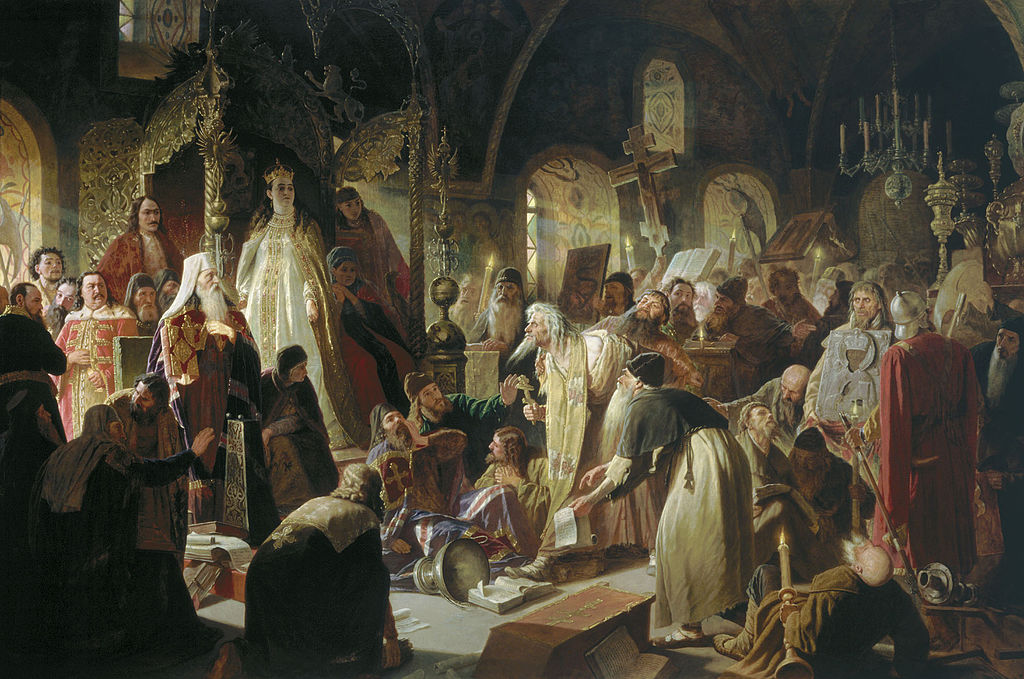'Old Believer Priest Nikita Pustosviat Disputing with Patriarch Joachim on Matters of Faith' by Vasiliy Perov (1880-81)