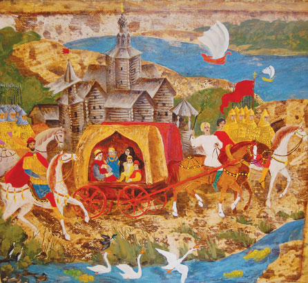 Depiction of Oleg Svyatoslavich escorting the wives of Mikhail Yurievich and Vsevolod the Big Nest back to Moscow in 1175, by BI Krylov (1990)
