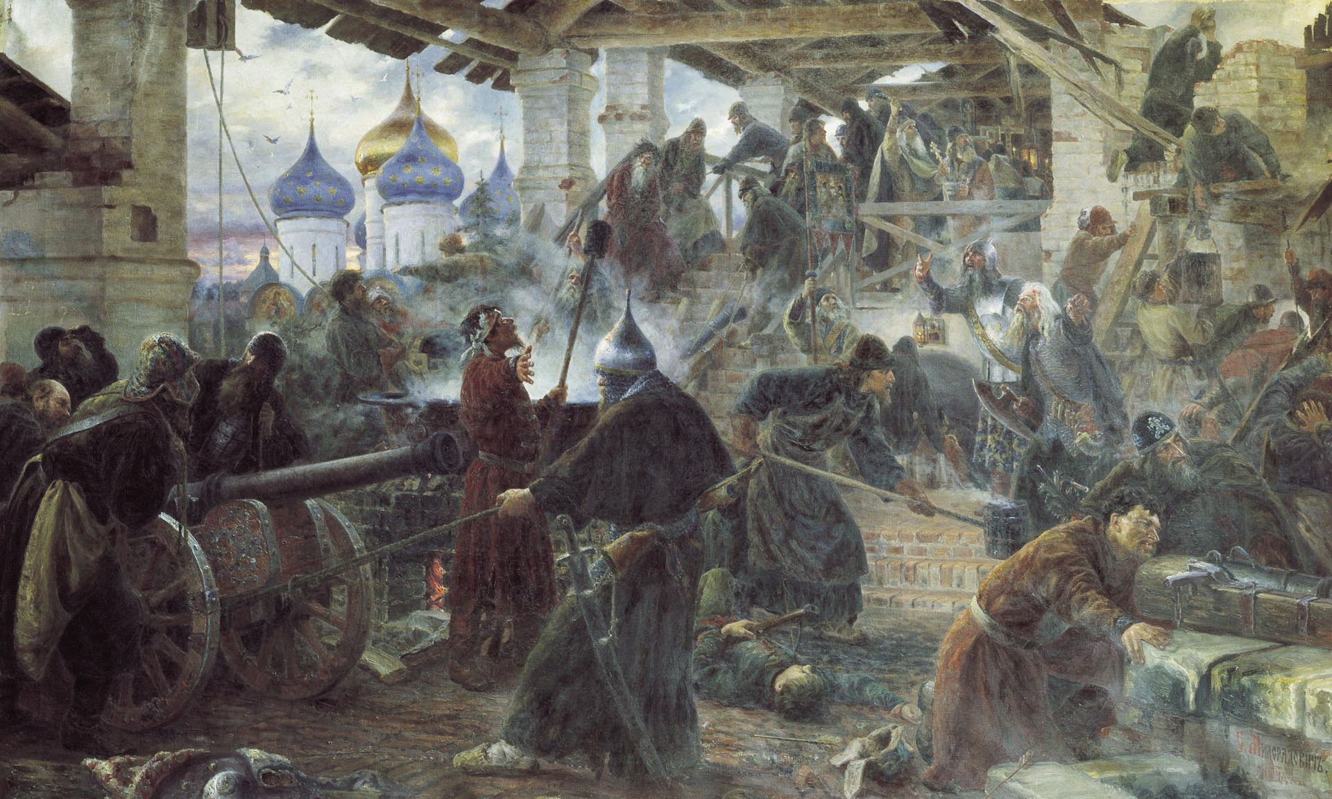 'Defence of the Troitse-Sergieva Lavra against the Poles in 1610' by Sergey Miloradovich (1894)