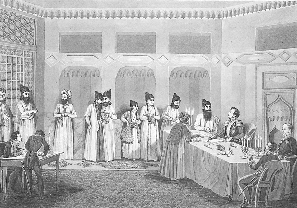 Depiction of Count Ivan Paskevich and Prince Abbas Mirza signing the Treaty of Turmenchay