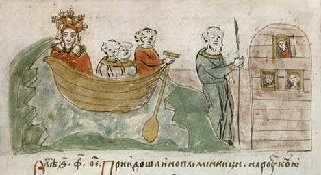 Chronicle depiction of Vseslav Bryachislavich of Polotsk crossing the Dnieper in 1067