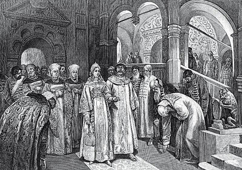 'Vasily III leads his bride Yelena Glinskaya into the Palace' by Klavdy Lebedev