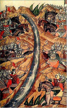 Chronicle depiction of the Great Standoff on the River Ugra