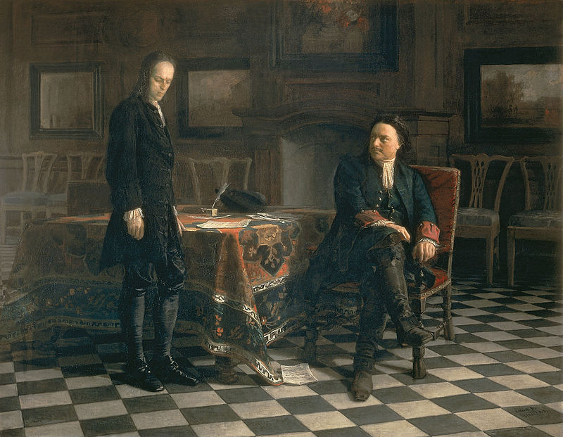 'Peter I interrogates Tsarevich Alexei Petrovich at Peterhof' by Nikolai Ge (1871)
