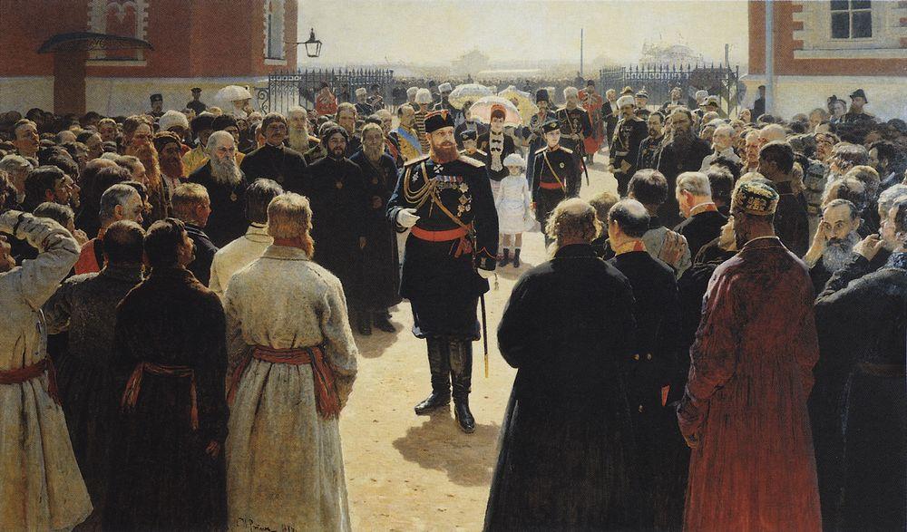 'Alexander III receiving rural district elders in the yard of Petrovsky Palace in Moscow' by Ilya Repin