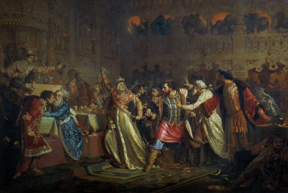 'Sofia Vitovtovna at the wedding of Vasily II in 1433 rips off the belt of Vasily Kosoy' by Pavel Chistyakov