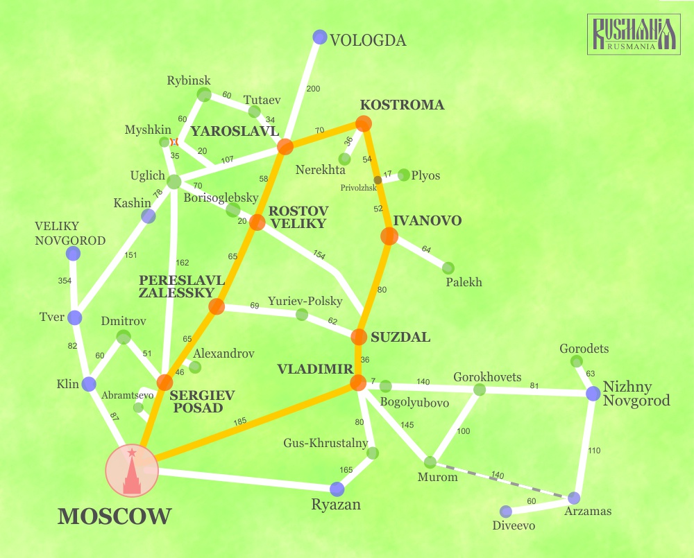 Подробная карта золотого кольца россии с городами на автомобиле