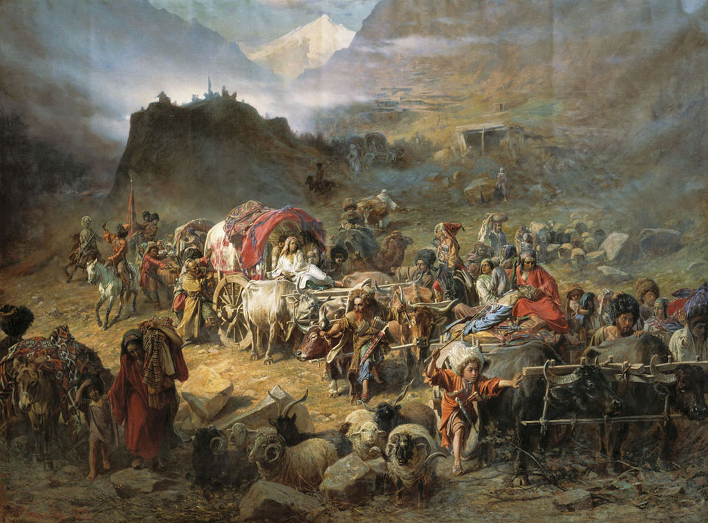 'Mountaineers leave the aul' by Pyotr Gruzinsky (1872)