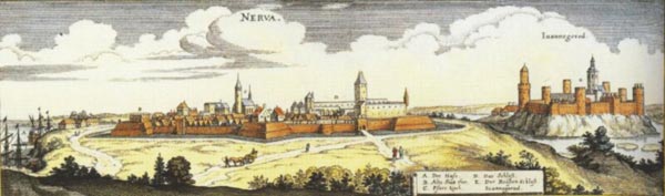 17th Century engraving depicting the neighbouring fortresses of Narva and Ivangorod