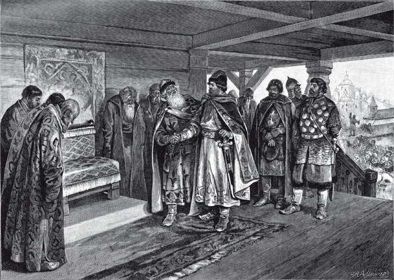 'Vyacheslav Vladimirovich at the court of his nephew Grand Prince Izyaslav Mstislavich' by Klavdy Lebedev